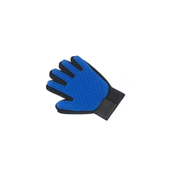 Textile and rubber glove, for brushing pets, blue color, left hand